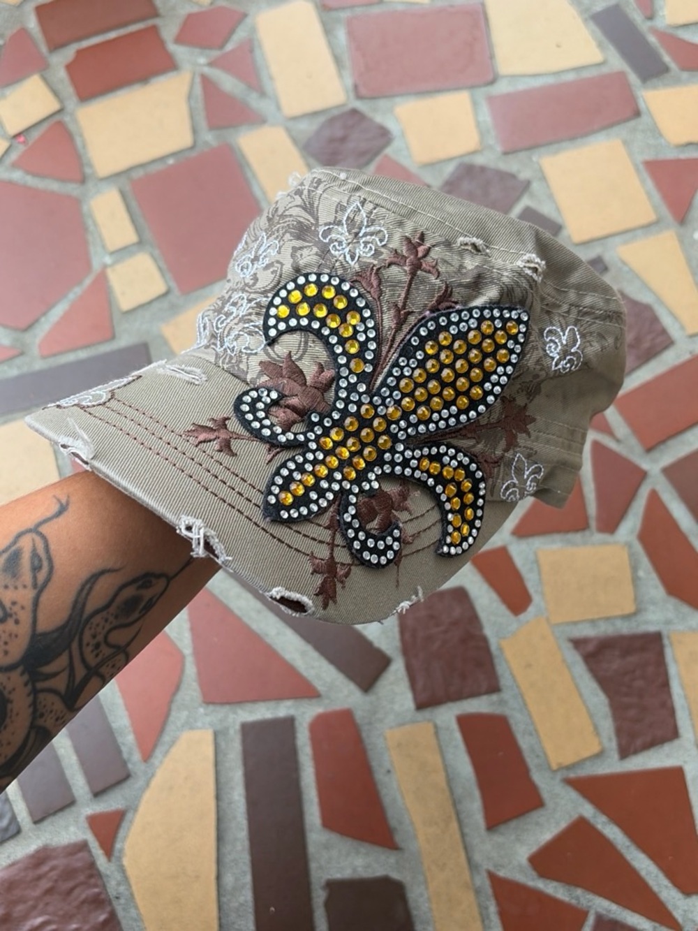 Y2K Distressed Fleur-de-Lis Embellished Cadet Cap